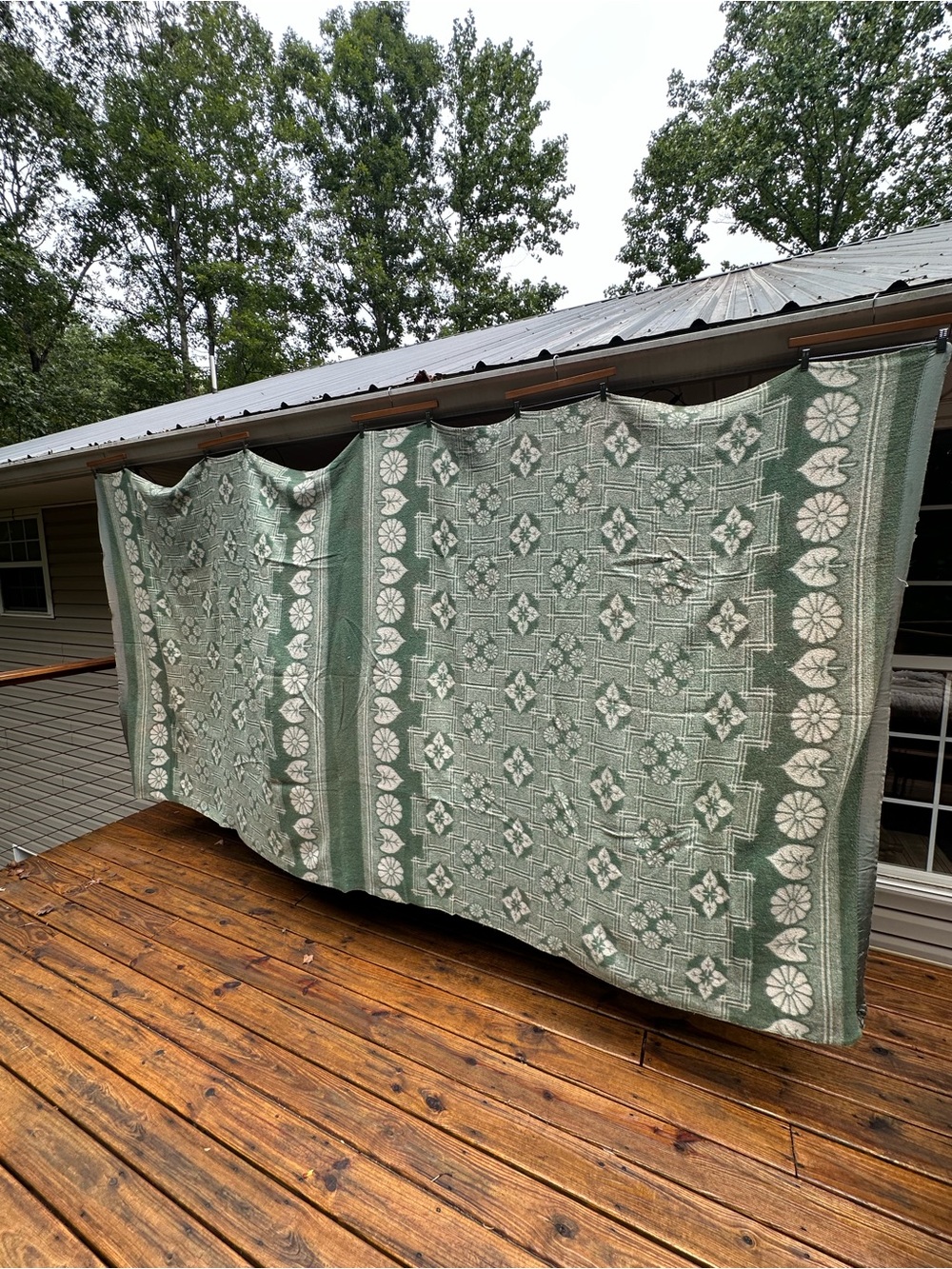Vintage 50s 60s Green Double Long Cotton Wool Camp Blanket Cabin Throw